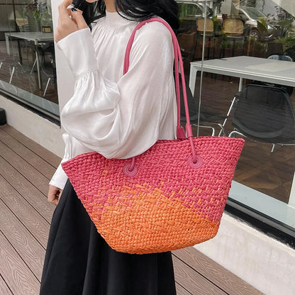 Large Straw Shoulder Beach Bag with String Closure by HitMyNeed