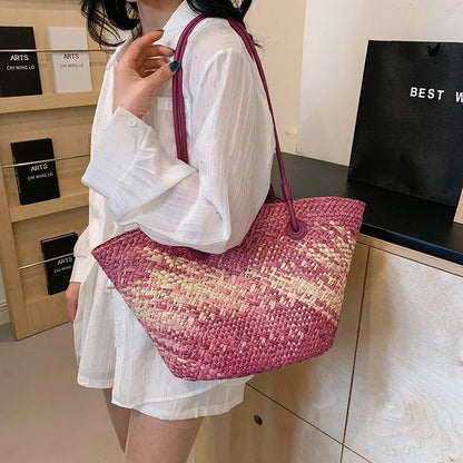 Large Straw Shoulder Beach Bag with String Closure by HitMyNeed