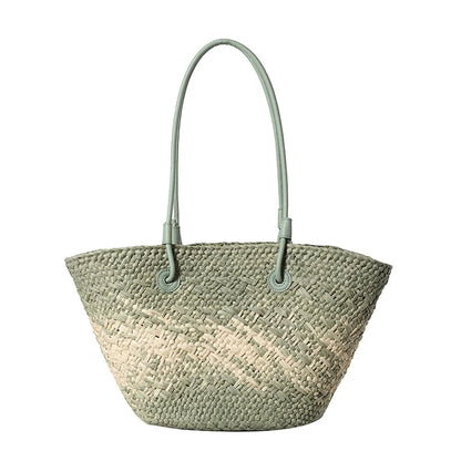 Large Straw Shoulder Beach Bag with String Closure army-green by HitMyNeed