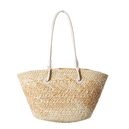 Large Straw Shoulder Beach Bag with String Closure beige by HitMyNeed