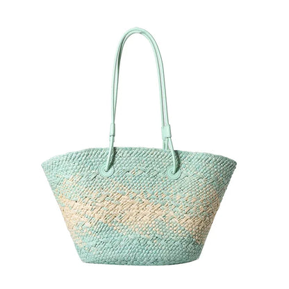 Large Straw Shoulder Beach Bag with String Closure blue by HitMyNeed