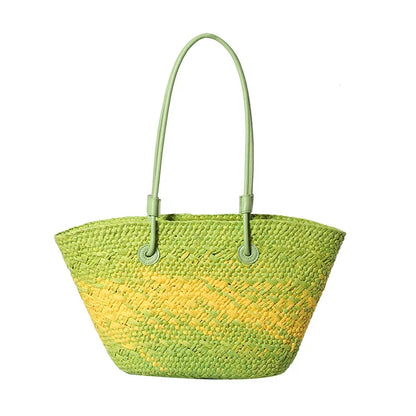 Large Straw Shoulder Beach Bag with String Closure fruit-green by HitMyNeed