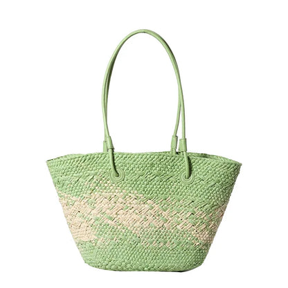 Large Straw Shoulder Beach Bag with String Closure green by HitMyNeed