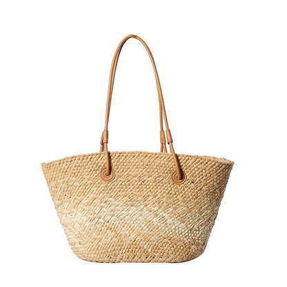Large Straw Shoulder Beach Bag with String Closure khaki by HitMyNeed
