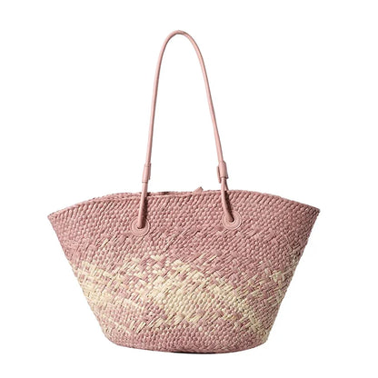Large Straw Shoulder Beach Bag with String Closure pink by HitMyNeed