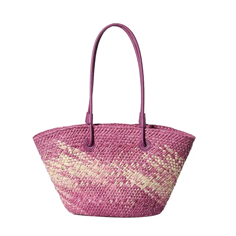 Large Straw Shoulder Beach Bag with String Closure purple by HitMyNeed