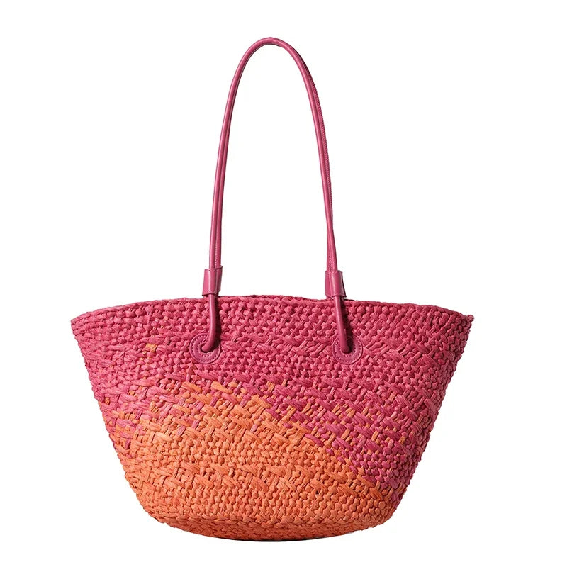 Large Straw Shoulder Beach Bag with String Closure rose-red by HitMyNeed
