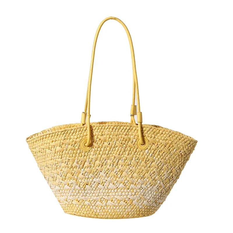 Large Straw Shoulder Beach Bag with String Closure yellow by HitMyNeed
