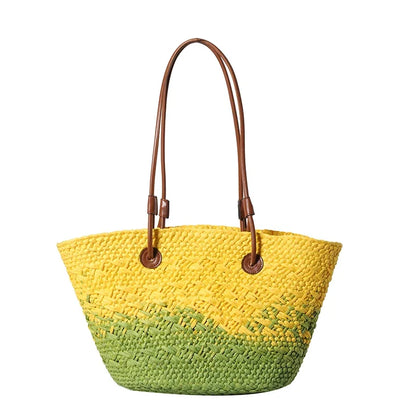 Large Straw Shoulder Beach Bag with String Closure yellow-with-green by HitMyNeed