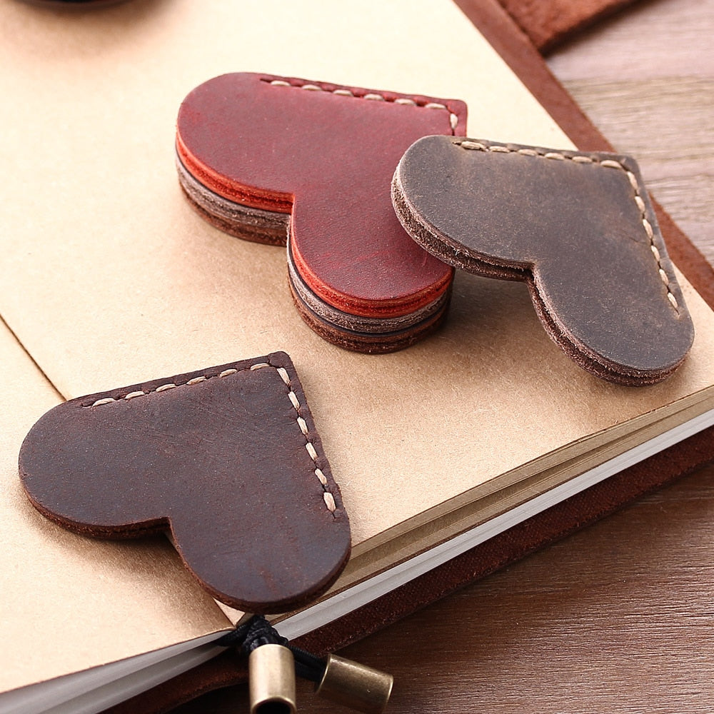 Leather Corner Bookmark Heart Page Marker coffee by HitMyNeed