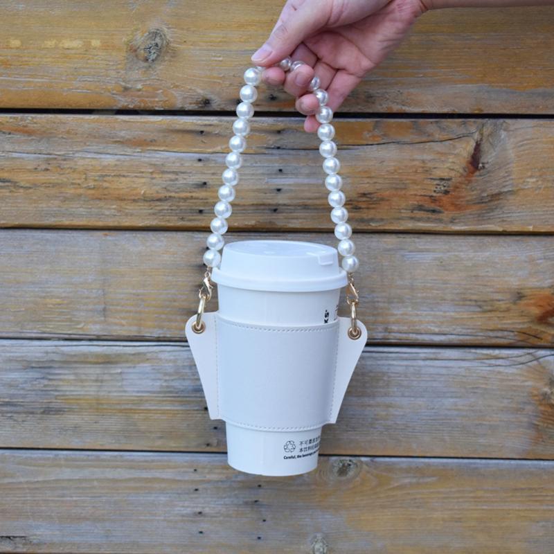 Leather Cup Sleeve with Detachable Chain Sling pearl-white by HitMyNeed