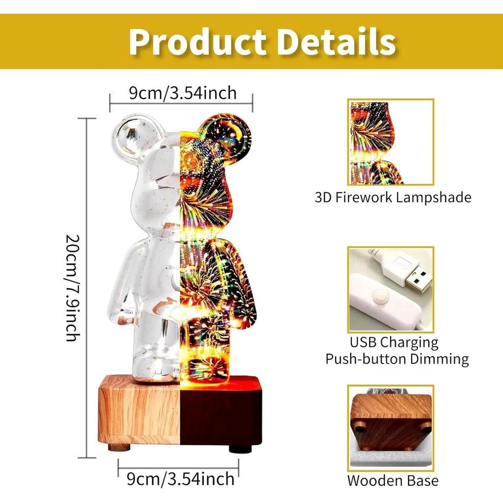 LED 3D Bear Fireworks USB Night Light for Bedrooms by HitMyNeed