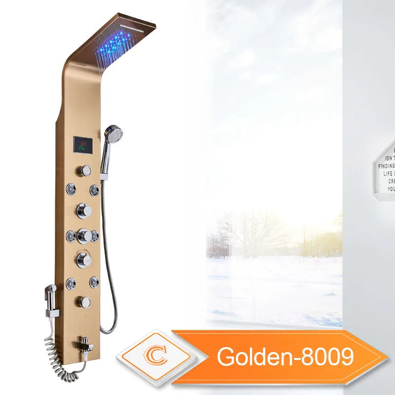 LED Black Shower Panel with Rainfall, Waterfall & Bidet golden-8009 by HitMyNeed