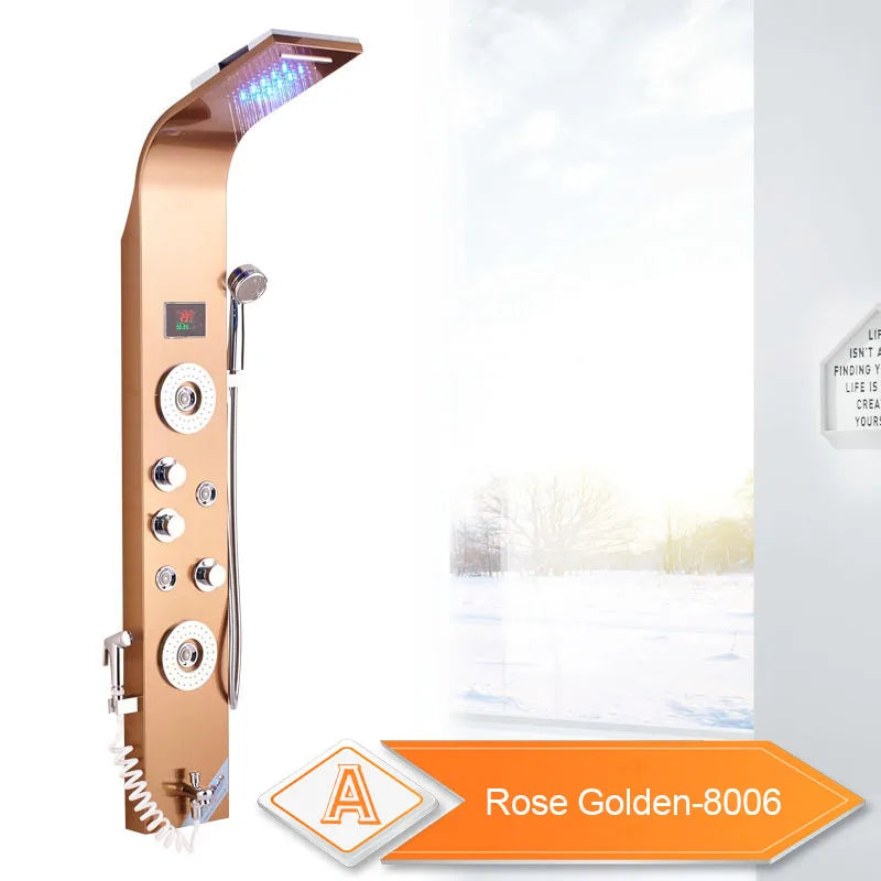 LED Black Shower Panel with Rainfall, Waterfall & Bidet rose-golden-8006 by HitMyNeed