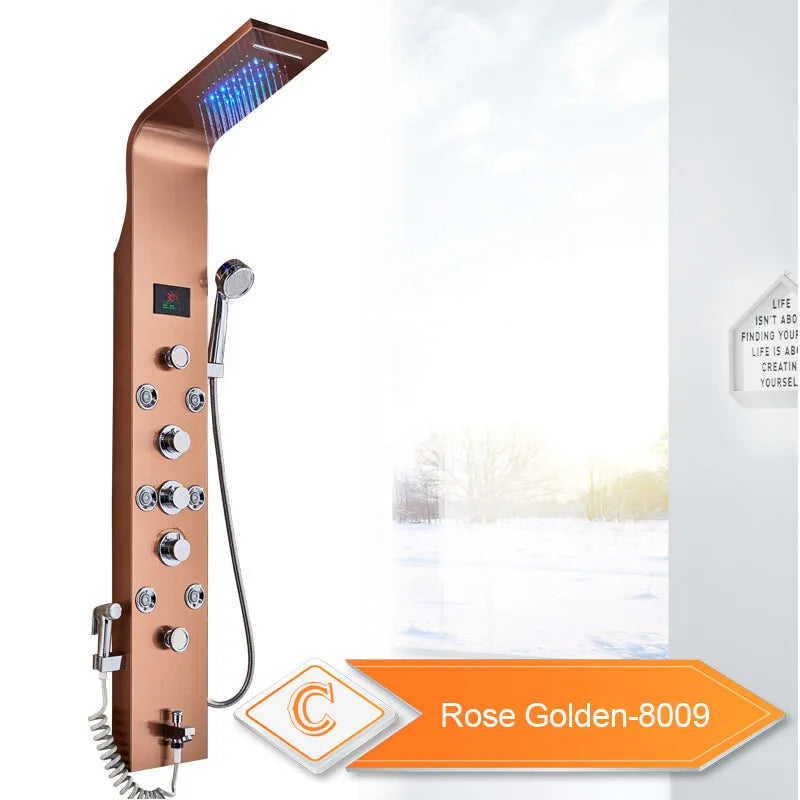 LED Black Shower Panel with Rainfall, Waterfall & Bidet rose-golden-8009 by HitMyNeed