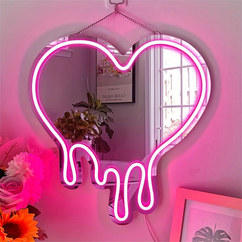 LED Heart Neon Sign with Pink Mirror for Bedroom Decor by HitMyNeed