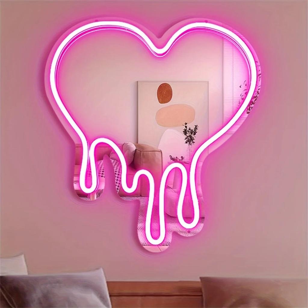 LED Heart Neon Sign with Pink Mirror for Bedroom Decor by HitMyNeed