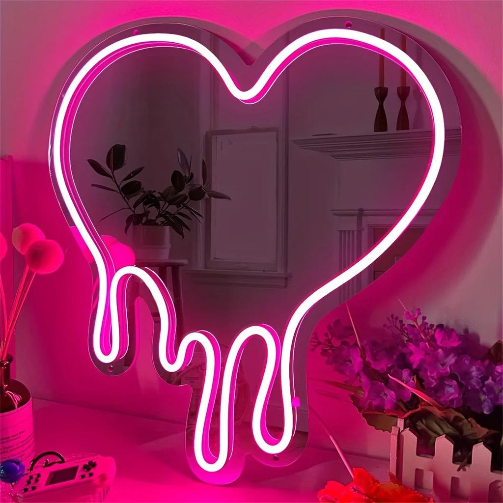 LED Heart Neon Sign with Pink Mirror for Bedroom Decor by HitMyNeed