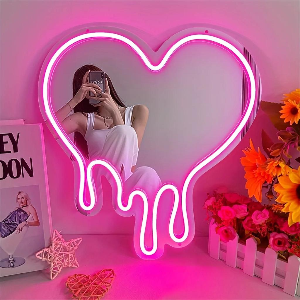 LED Heart Neon Sign with Pink Mirror for Bedroom Decor by HitMyNeed