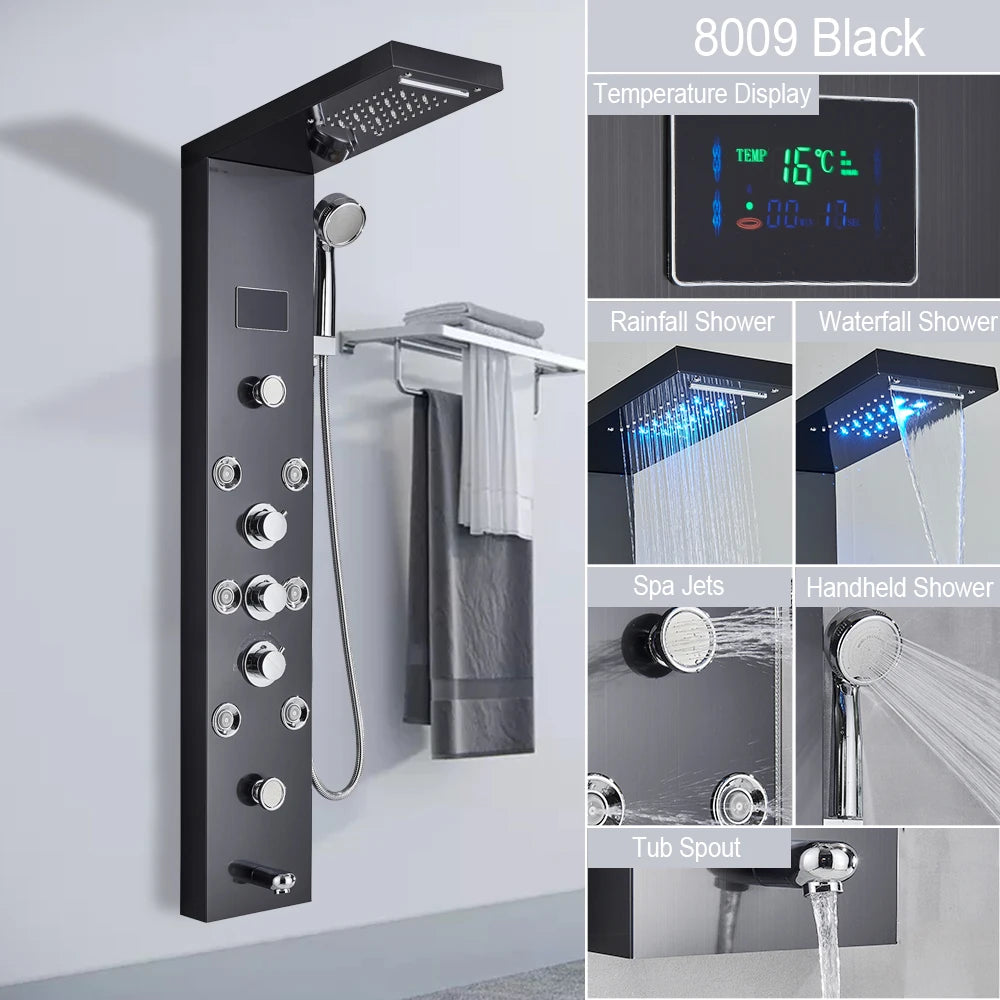 LED Shower Panel with Rainfall, Waterfall & Jets black-8009 by HitMyNeed