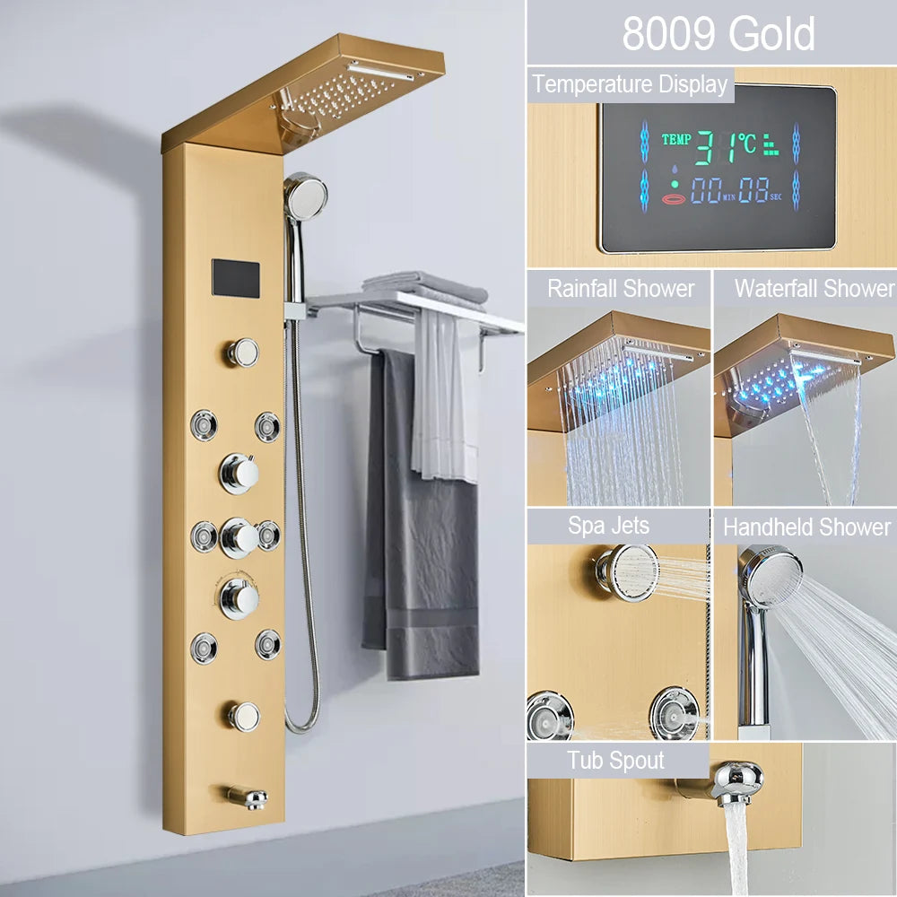 LED Shower Panel with Rainfall, Waterfall & Jets gold-8009 by HitMyNeed