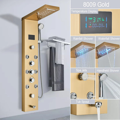 LED Shower Panel with Rainfall, Waterfall & Jets gold-8009 by HitMyNeed