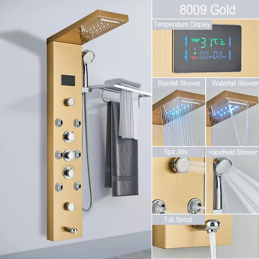 LED Shower Panel with Rainfall, Waterfall & Jets gold-8009 by HitMyNeed