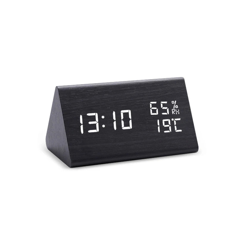 LED Wooden Digital Alarm Clock with Voice Control l-black by HitMyNeed