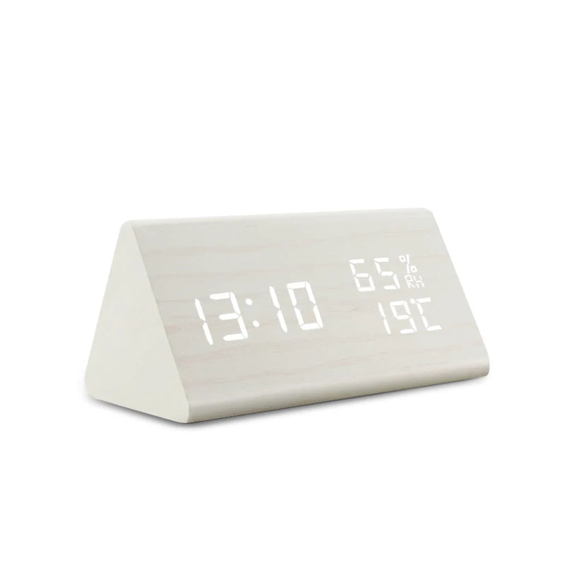 LED Wooden Digital Alarm Clock with Voice Control l-white by HitMyNeed