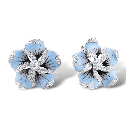 Light Blue Flower Stud Earrings with Sparkling Stones by HitMyNeed