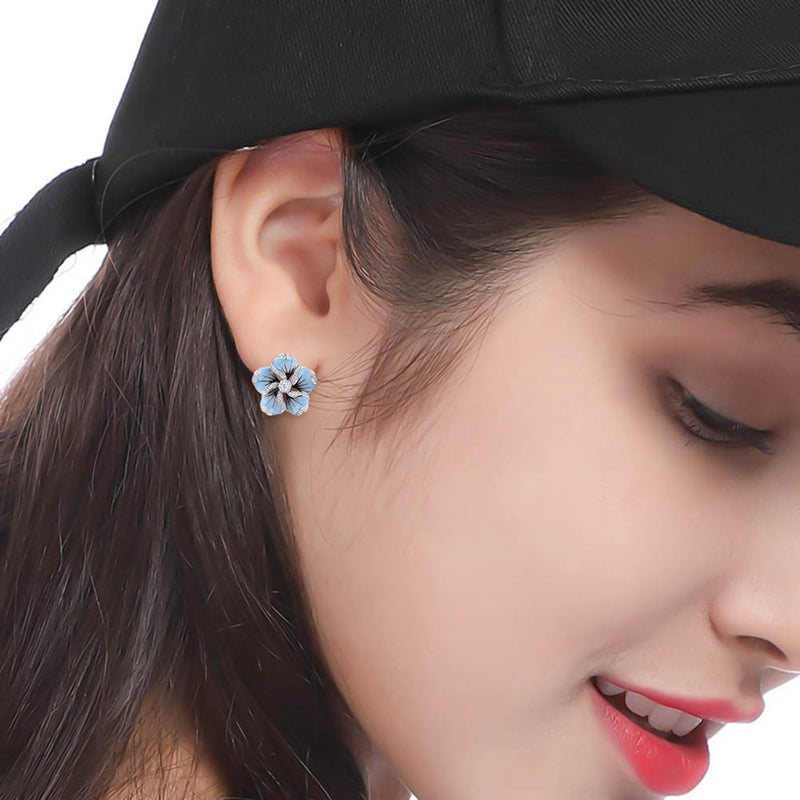 Light Blue Flower Stud Earrings with Sparkling Stones by HitMyNeed