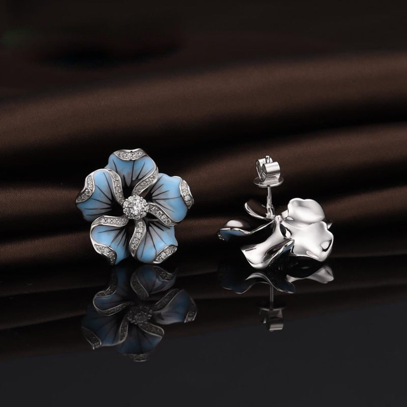 Light Blue Flower Stud Earrings with Sparkling Stones by HitMyNeed