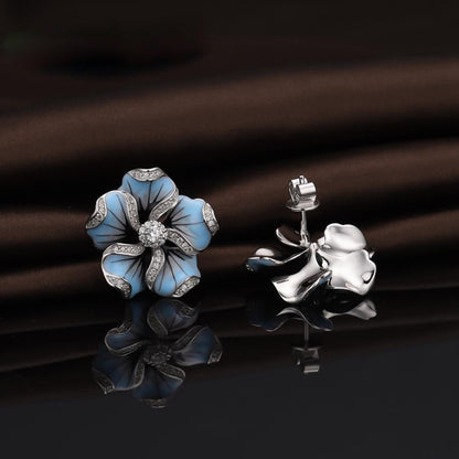 Light Blue Flower Stud Earrings with Sparkling Stones by HitMyNeed