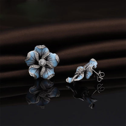 Light Blue Flower Stud Earrings with Sparkling Stones by HitMyNeed