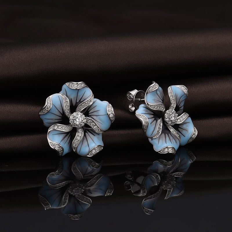 Light Blue Flower Stud Earrings with Sparkling Stones by HitMyNeed