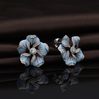 Light Blue Flower Stud Earrings with Sparkling Stones by HitMyNeed