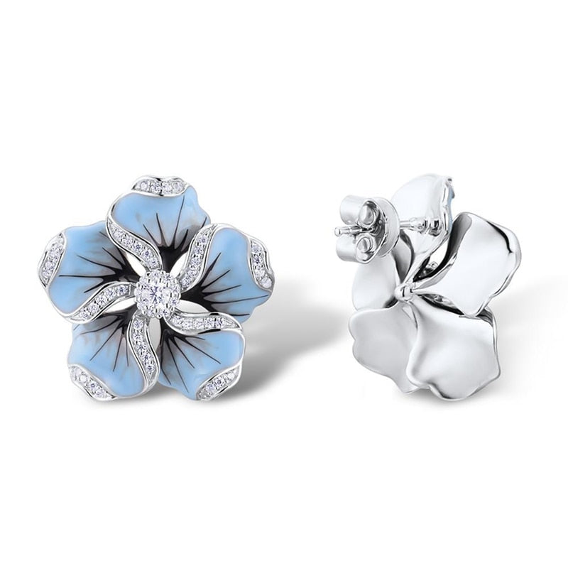 Light Blue Flower Stud Earrings with Sparkling Stones by HitMyNeed