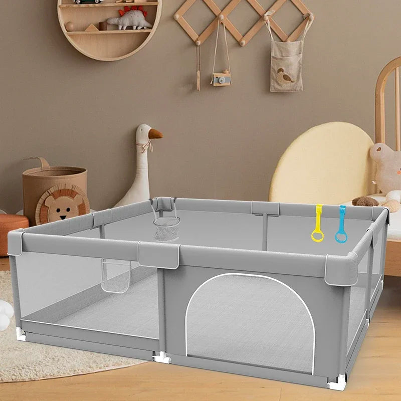 Light Gray Baby Playpen with Safety Fence & Pull Rings by HitMyNeed