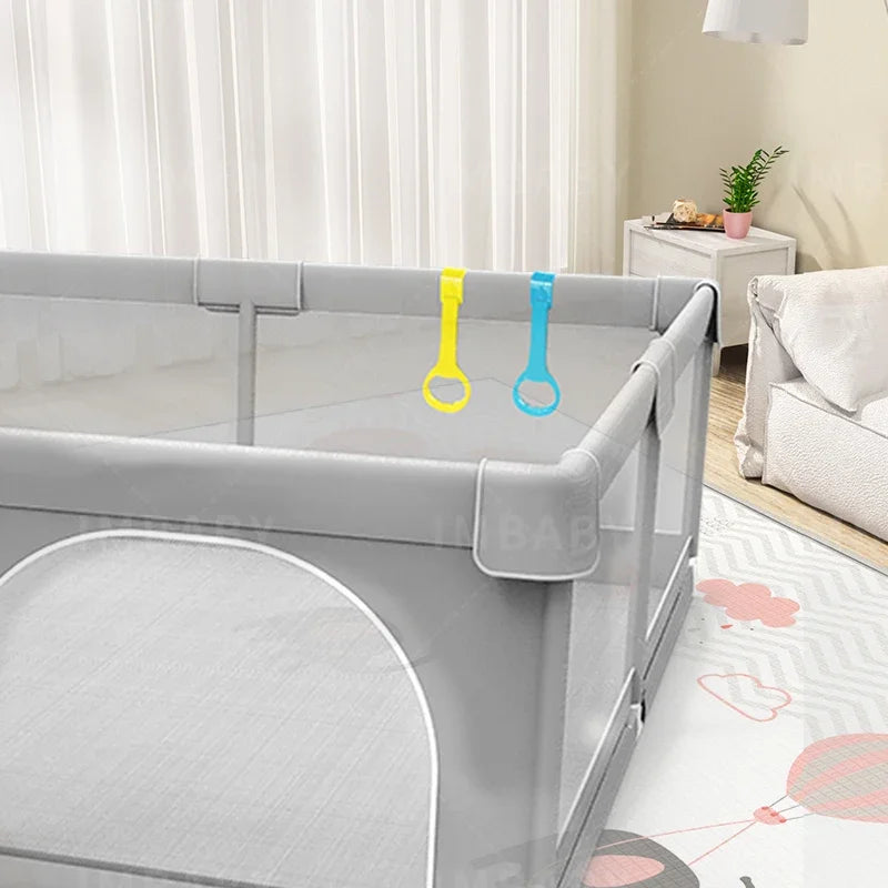 Light Gray Baby Playpen with Safety Fence & Pull Rings by HitMyNeed