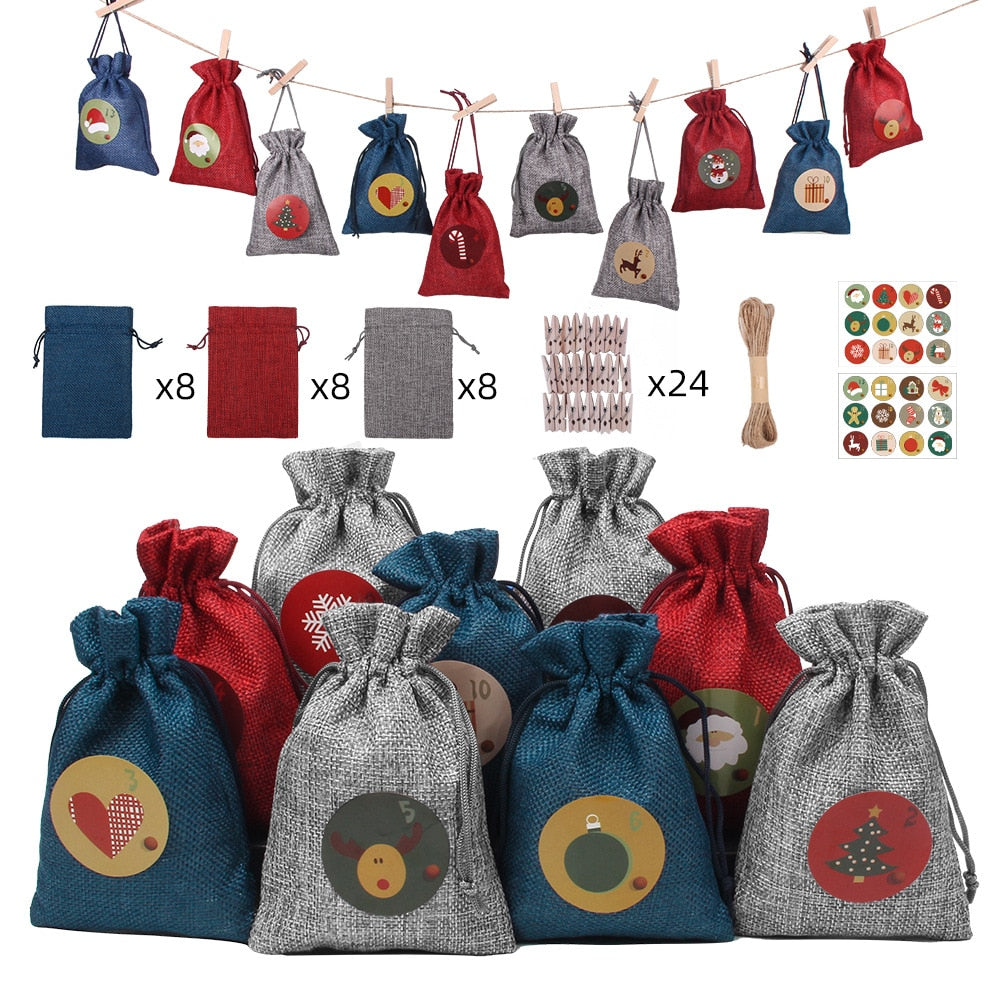 Linen Advent Calendar Bags Set with Clips (24pcs) by HitMyNeed