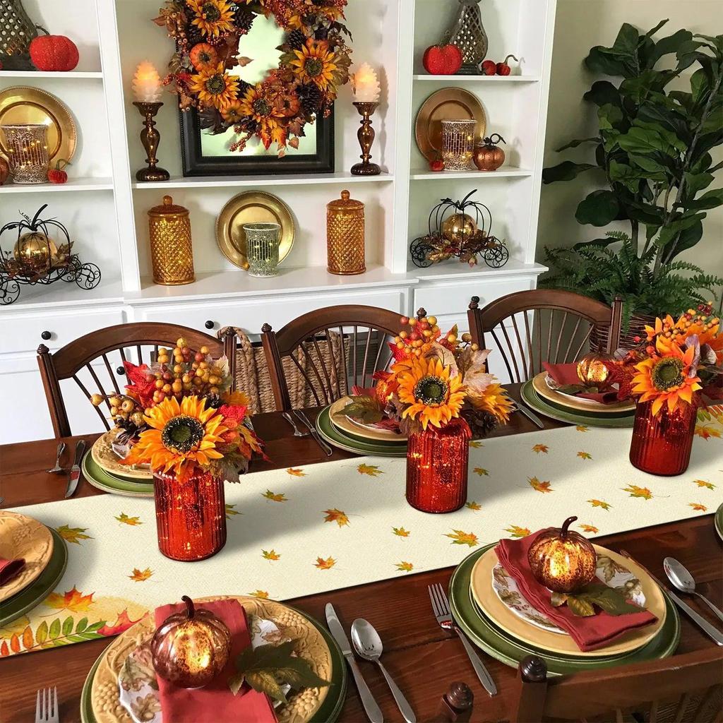 Linen Leaf Pattern Autumn Table Runner by HitMyNeed