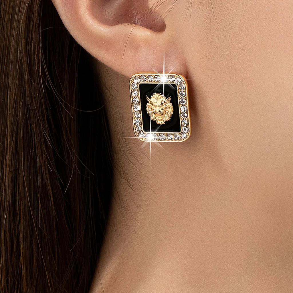 Lion Head Stud Earrings with Rhinestones by HitMyNeed