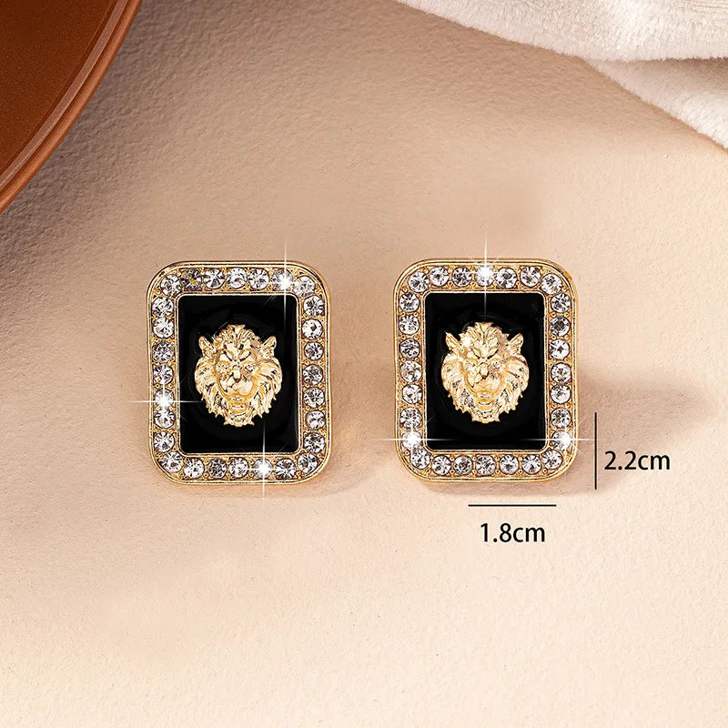 Lion Head Stud Earrings with Rhinestones by HitMyNeed