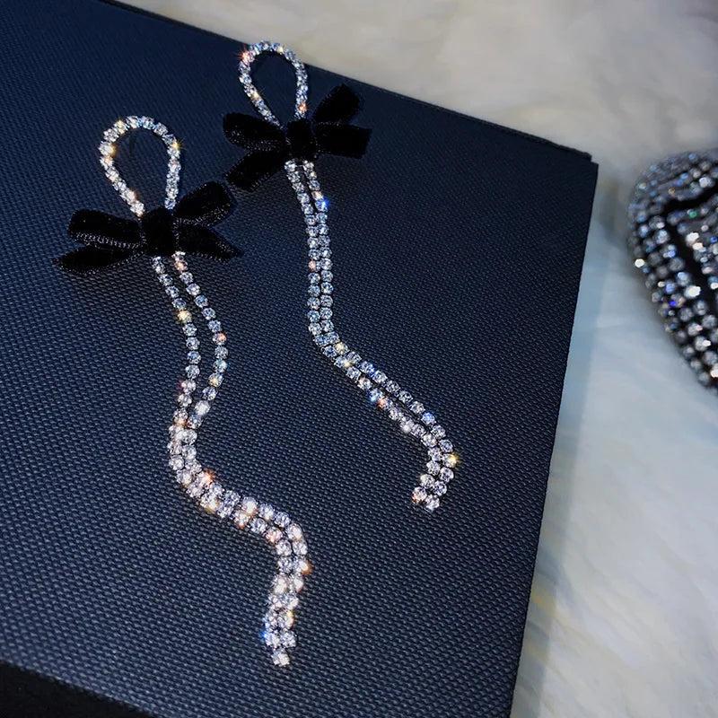 Long Crystal Drop Earrings with Black Bow by HitMyNeed