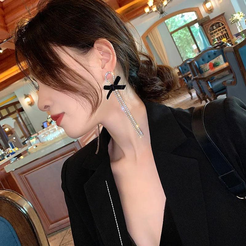 Long Crystal Drop Earrings with Black Bow by HitMyNeed