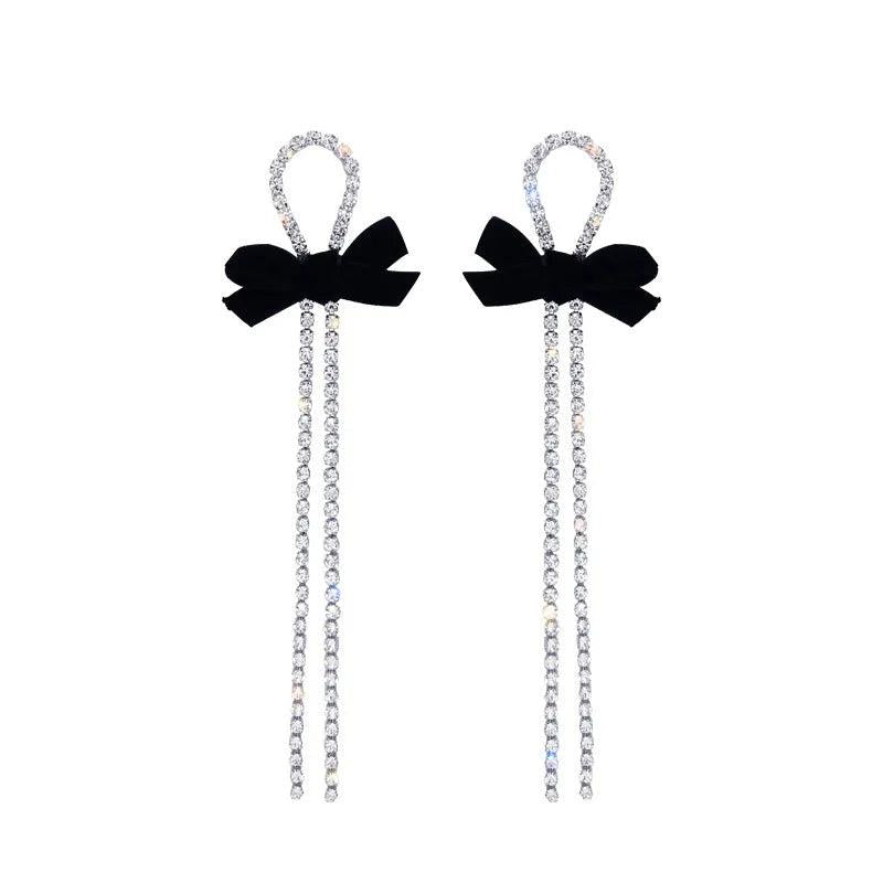 Long Crystal Drop Earrings with Black Bow by HitMyNeed