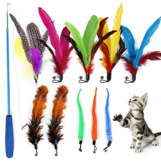Long Handle Feather Cat Tickler Wand Set (11 pcs) by HitMyNeed