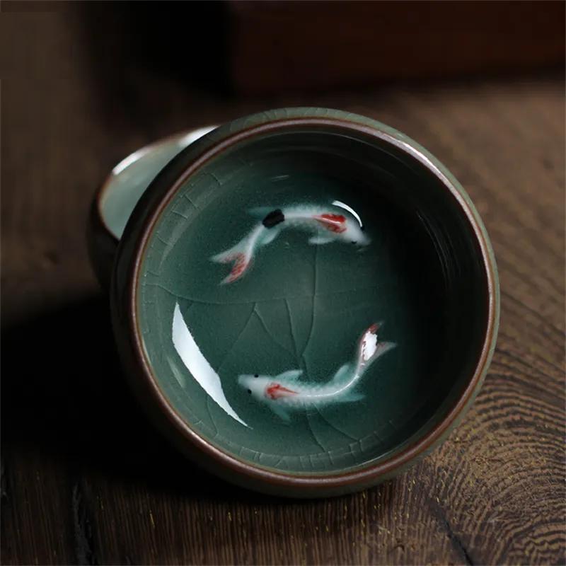 Longquan Celadon Golden Fish Porcelain Teacup 60ml by HitMyNeed