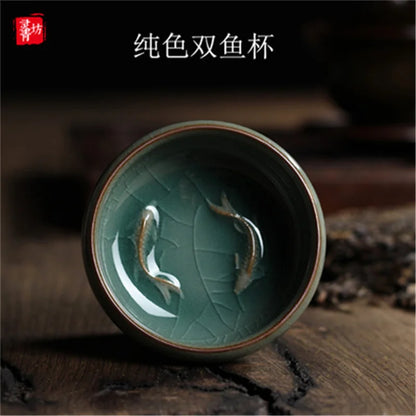 Longquan Celadon Golden Fish Porcelain Teacup 60ml by HitMyNeed