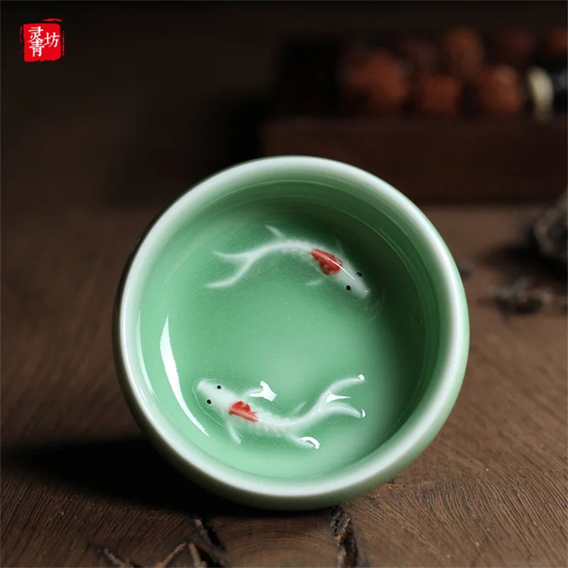 Longquan Celadon Golden Fish Porcelain Teacup 60ml by HitMyNeed